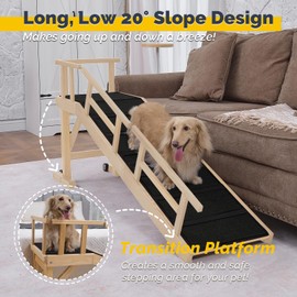 Dog Ramp for Bed or Couch, Wooden Pet Ramp with 20° Gentle Slope, Removable Side Rails, Non-Slip Surface, Top Platform & Wheels, Safe Bed Ramp for Small, Medium & Senior Dogs, 60" Long, Natural