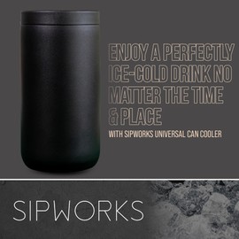 Sipworks Universal Can Cooler - Spill-Resistant Double Walled Insulated Stainless Steel Can Cooler for 12 oz & 16 oz Regular or Slim Cans, Bottles - Can Insulator for Hot & Cold Drinks, Midnight Black