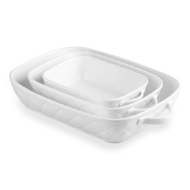 Sweejar Ceramic Casserole Dishes for Oven Baking Dish with Handles Rectangular Lasagna Pan Deep Porcelain Bakeware Sets of 3 for Baking, Casserole, Kitchen, White （12.2 * 9.25 * 2.56")