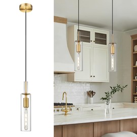 AUTELO 1-Light Pendant Lights Kitchen Island - Gold Pendant Light Fixtures, Vintage Hanging Lamp in Metal Finish with Clear Linear Glass, Kitchen Pendant Lighting over Island for Dining Room, H3875 BG