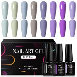 MEET ACROSS Blue Purple Gel Nail Polish Set, 8 Colors Misty Gray Gel Polish Kit Violets Colors Nail Gel Polish Soak Off UV LED Nail Lamp Gel DIY Home Nails Manicure Gifts for Women