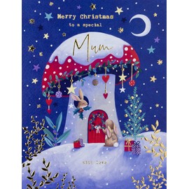 Paperlink Special Mum Christmas Card - Rabbits in a Toadstool House Embossed with Foil Details - Eco-Friendly and Recyclable, 203 x 153mm, Navy, Gold, White, Green, Red