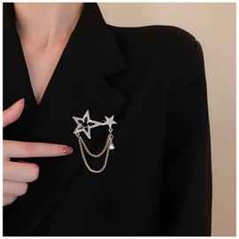 Cimenexe Vintage Crystal Star Brooch Gold CZ Hollow Star Brooch Pin CZ Paved Star Tassel Chain Pin Brooch Rhinestone Star Brooch Pin Wedding Lapel Pin Banquet Badge Pins Jewellery, Metal