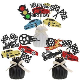 16Pcs Race Car Birthday Party Centerpiece Sticks Racing Birthday Party Decorations Glitter Checkered Racing Flag Table Centerpieces for Race car Theme Birthday Party Baby Shower Supplies