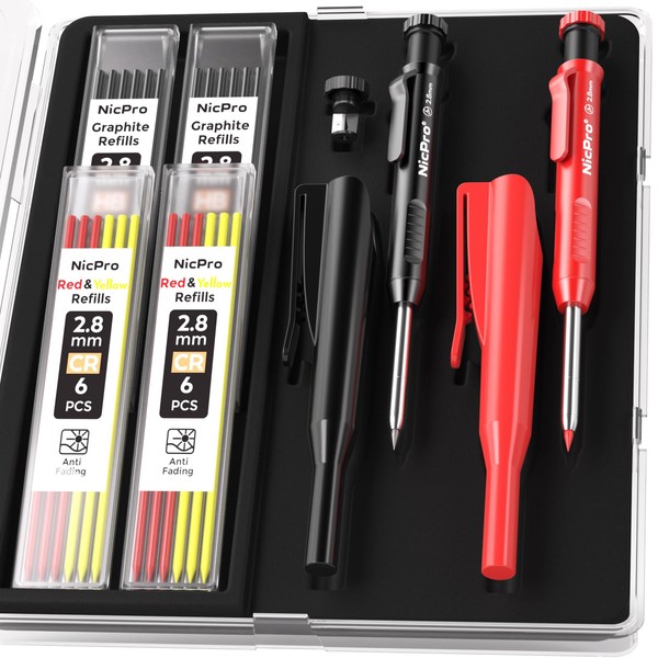 Nicpro 3 Pack Carpenter Pencil with Sharpener & Cap, Mechanical Carpenter Pencils with 39 Refills (Red, Black, Yellow), Deep Hole Marker Construction Heavy Duty Woodworking Pencils - With Case