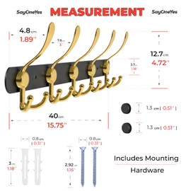 SAYONEYES Black and Gold Coat Rack Wall Mounted - 16 Inch Heavy Duty Stainless Steel Matte Finish Wall Hook Rack - 5 Tri Coat Hooks for Hanging Towels, Bags, Hat - Bathroom Entryway - 3 Pack