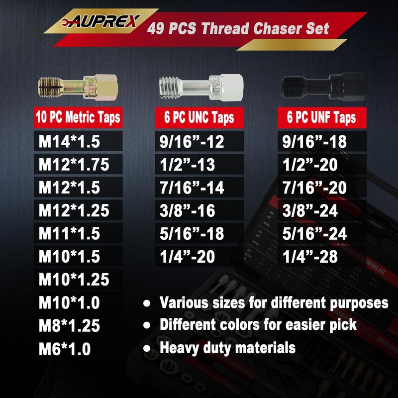 AUPREX 49Pcs Thread Chaser Set, UNC, UNF & Metric Thread