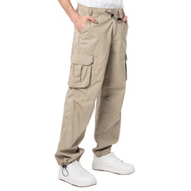 THWEI Men's Cargo Pants Trendy Casual Loose Fit Stretch Elastic Waist Work Pants Streetwear Light Coffee 2XL