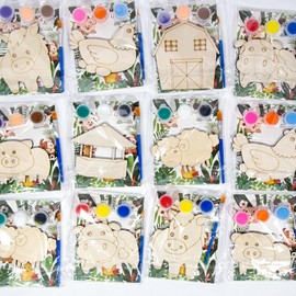 Wooden Farm Animal Party Favors - Individually Packaged 12 PCS Animal & House Painting Kit with Brushes and Paints, Funny Thickened Wood Farm Themed Party Favors for Art Lover Gifts