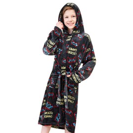 Doctor Unicorn Boys Soft Hooded Bathrobe Kids Warm Gamer Fleece Robe Sleepwear (Red Black Gamer - 10-11 Years)