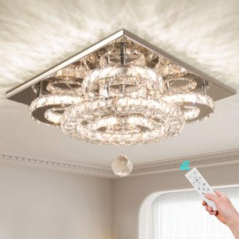 Modern Crystal Chandelier Five Rings LED Crystal Ceiling Light Flush Mount Stainless Steel Pendant Ceiling Lamp for Living Room Bedroom Restaurant Porch Dining Room (Dimmable)