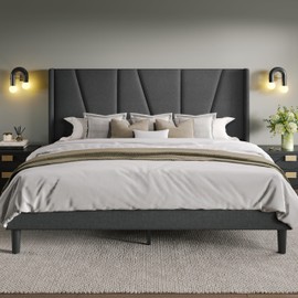 Allewie Queen Size Platform Bed Frame with Geometric Wingback Headboard, Modern Upholstered Bed with Wooden Slats Support, No Box Spring Needed, Easy Assembly, Dark Grey