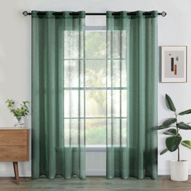 Woaboy Voile Curtains, Transparent Living Room with Eyelets, Eyelet Curtains, Bedroom Curtains, Loop Curtains, Modern, Set of 2, 140 x 215 cm (W x H), Dark Green