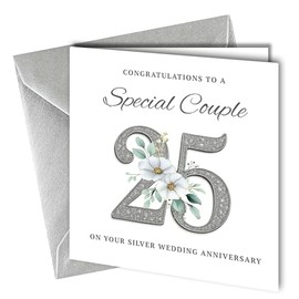 25th Wedding Silver Anniversary Card, Unique Design, 'To a Special Couple' Congratulations Blank Inside Metalic Silver Envelope 400gsm Thick Card #1873