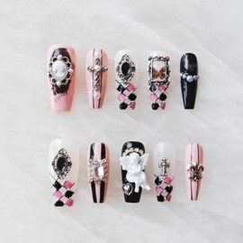 [GLORS] Purly Handmade Long Ballerina Press on Nails | Chessboard - Wearable Coffin Fake False Nail Art with Angle and Chrome Heart | Salon Quality in Long Coffin Nail (S, LC)