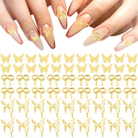 HINZIC 90Pcs Gold Bow Nail Charm 3 Styles Butterfly Nail Bows Glitter Rhinestones Acrylic Pearls Kawaii Valentines Wedding Prom Decoration for Women Scrapbook Envelope Cards Making