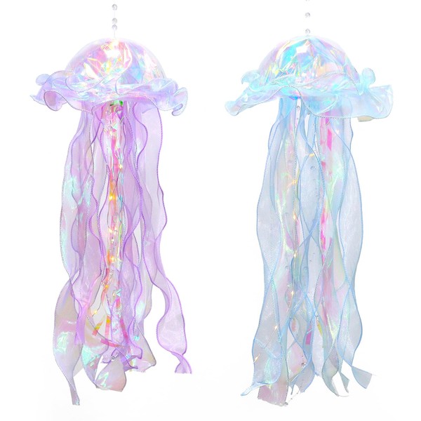 Glitter Iridescent Jellyfish Hanging Decor Blue Purple Jellyfish Kit for Under The Sea Little Mermaid Party Decoration Centerpiece Hanging Jelly Fish Decor Ocean Birthday Wedding Bridal Baby Shower Party Supplies (2pcs-purple and Blue)