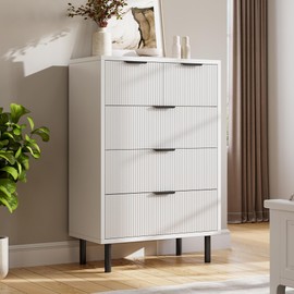 GarveeHome Wave Fluted 5 Drawer Dresser for Bedroom, Tall Dressers Chest of Drawers, Wide Wood Storage Dresser Organizer with Deep Space for Nursery Bedroom Living Room Hallway Closet, White