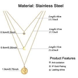 HSAJS Women's Layered Necklace with Moon Sequins Pendant Pattern Collar Chains for Women, High Quality Stainless Steel Chains, Multi-Layer Suitable, Birthday Gift, Girlfriend, Mother, Stainless Steel