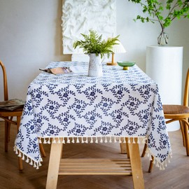 YUURAINVUVU Vintage Dark Blue Floral Square Tablecloth - Cotton Linen Fabric Table Cloth with Tassel, Table Cover Pastoral Square Table Cloths for Outdoor Indoor Kitchen Farmhouse(55x55Inch)