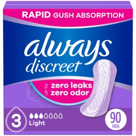 Always Discreet Adult Incontinence Pads for Women, Light Absorbency, Regular Length, Postpartum Pads, 30 Count (3 Packs of 30)