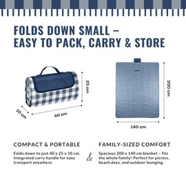 Straame Waterproof Picnic Blanket – Large 200x140cm Foldable Outdoor Blanket with Carry Handle – Ideal for Camping, Beach, Garden & Festivals – Timeless Gingham Design (Blue)