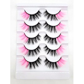 MISSLADY 16mm 5 Pairs Pack 3D Faux Mink Eyelashes with Pink Ends Colored Lashes (FM-202, 8-16mm, Black with Pink Ends, 5 Pairs)