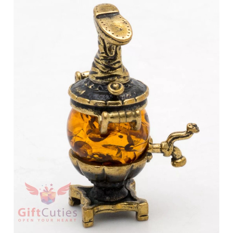 Solid Brass Amber Figurine of Russian Samovar Teapot Totem talisman