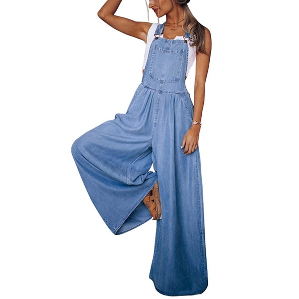 Chouyatou - Pantalones de mezclilla para mujer, holgados y ajustables, pierna ancha, Azul, XS