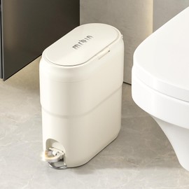 MRBIN Slim Step Trash Can for Bathroom, Compact Touchless Garbage Bin with Press Top Lid, 9L / 2.4 Gal Small Pedal Waste Basket for Narrow Apartment Dorm Office, Kitchen, Bedroom, Cream White