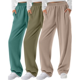 Neer 3 Pack Womens Wide Leg Sweatpants Elastic High Waisted Baggy Long Pant Casual Lounge Yoga Drawstring Jogger with Pockets(Lake Green, Olive Green, Beige,Small)