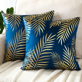 JOTOM Set of 2 Cushion Covers 50x50cm Decor Velvet Throw Pillow Covers Gold Leaves Decorative Pillow Cases Bronzing Flannelette Cushion Cover for Couch Bedroom Sofa Car Home Living Room Decor (Navy)