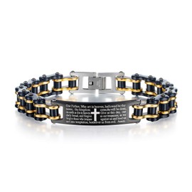 LAFATINA Mens Bible Verse Lords Prayer Cross ID Bracelets Fathers Day Christmas Easter Masculine Motorcycle Chain Bangle Bracelet with English