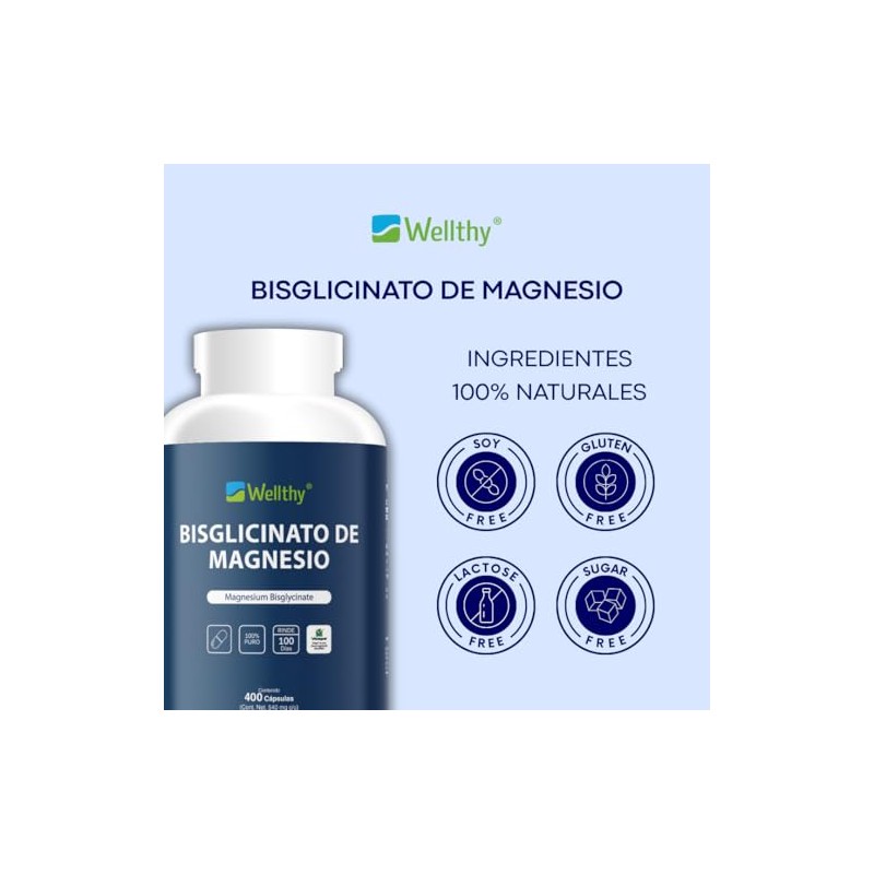 Wellthy Bisglicinato Magnesio 400 Cápsulas 432mg 100 Natural Alta Absorción