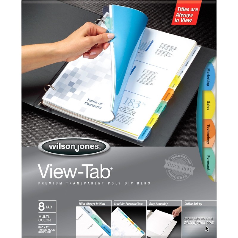 Wilson Jones View-Tab Transparent Dividers, 8 Square Tabs, Letter Size,
