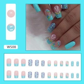 Square Press on Nails Medium Butterfly Fake Nails Glossy Glue on Nails Summer Blue Green Press on Nails with Butterfly Nail Sequin Design False Nails Acrylic Full Cover Fake Fingernails for Women