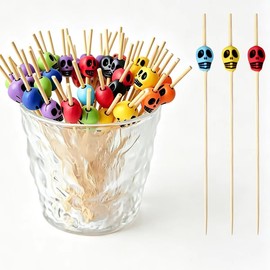100 Count Colorful Skull Bamboo Cocktail Picks 5.9 Inch Decorative Fruit Skewers Natural Bamboo Toothpicks for Cocktails Sandwiches Appetizers Wedding Birthday Halloween Party Food Decor