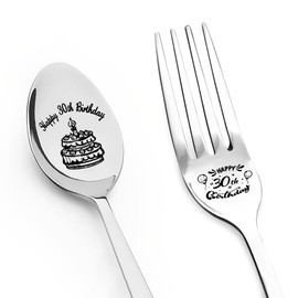 Happy 30th Birthday Spoon Fork Mom Dad Birthday Gifts for Husband Wife 30 Yrs Old Bday Gifts for Friends Engraved Spoons for Uncle Aunt 30 Years Old Bday Present for Sister Brother