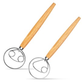 2pcs Castella Mixer Manual Stainless Steel Whisk and Noodle Wooden Handle Flour Mixer Dough Kneading Rod Castella Bake Tool Kitchen Utensils (Long Handle Single Hook + Double Handle Hook)