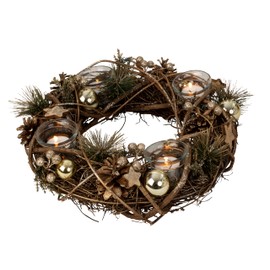 Christmas Advent Wreath Made of Multiple Materials Round with Gold/Brown Decoration for Tea Lights Diameter 34 cm