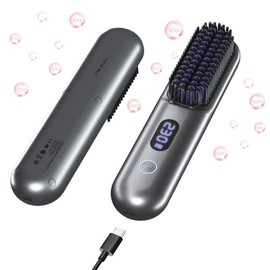 Hahahope Cordless Hair Straightener Brush-portable straightening comb,9600mAh Batt, Plasma Tech, 9 Temp-settings&LED Display, For Travel&home flatiron - Color: Metallic Gray