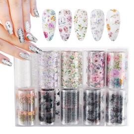 JERCLITY 10 Rolls Spring Flowers Nail Foil Transfer Sticker Kit Ink Painting Lace Flower Nail Foil Transfer Stickers