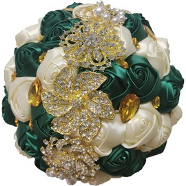 Sharebeauty 8.3 Inch Handmade Satin Rose Bridal Bouquet Toss Round Wedding Bouquet Throw Toss Artificial Flower Bunch Deep Green + Ivory