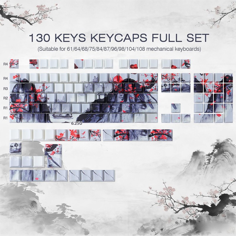 JOMKIZ Ink Painting Keycaps, Red Plum Blossom Landscape Cherry Profile