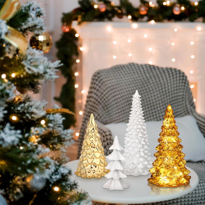 4 Pack Christmas Tree Table Decoration Gold Glass Ceramic Glitter