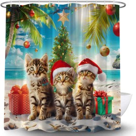 LAEDCIITI Merry Christmas Shower Curtain Funny Summer Cute Cat Kitty Kitten Red Xmas Balls Tree Tropical Beach Palm Tree Sand Sea Holiday New Year Fabric Bath Curtain Set with Hook