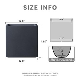 Kante 12 Inch Square Concrete Planter for Outdoor Indoor Home Patio Garden, Large Plant Pot with Drainage Hole and Rubber Plug, Charcoal