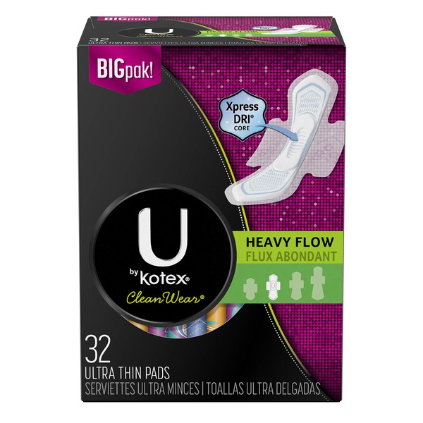 U By Kotex Cleanwear Ultra Thin Pads with Wings, Heavy Flow, 32 Count