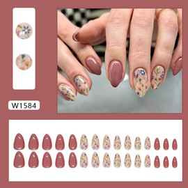 Almond Press on Nails Short Fake Nails with Fall Flower Design Glossy False Nails Acrylic Nails Full Cover Glue on Nails Reusable Floral Stick on Nails Kit for Women Girls DIY Flower Nails Art,24Pcs