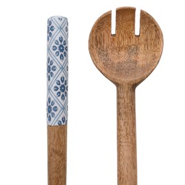 Country Living - Mango Wood Set of Salad Servers - Spoon & Fork Serving Set with Blue Floral Pattern - Kitchen & Dining/Gifting & Homeware - H: 31cm x W: 7cm.